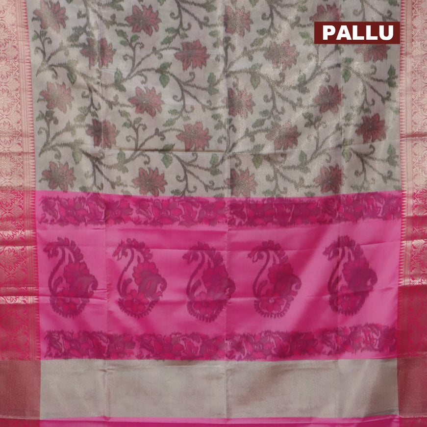 Banarasi semi tussar saree off white and pink with allover ikat weaves and silver zari woven border