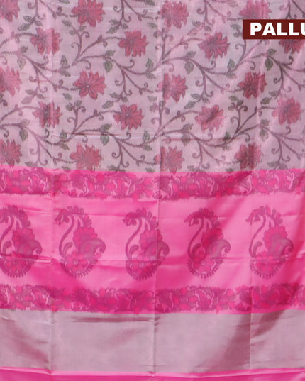 Banarasi semi tussar saree pastel pink and pink with allover ikat weaves and silver zari woven border