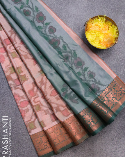 Banarasi semi tussar saree peach shade and green with allover ikat weaves and silver zari woven border