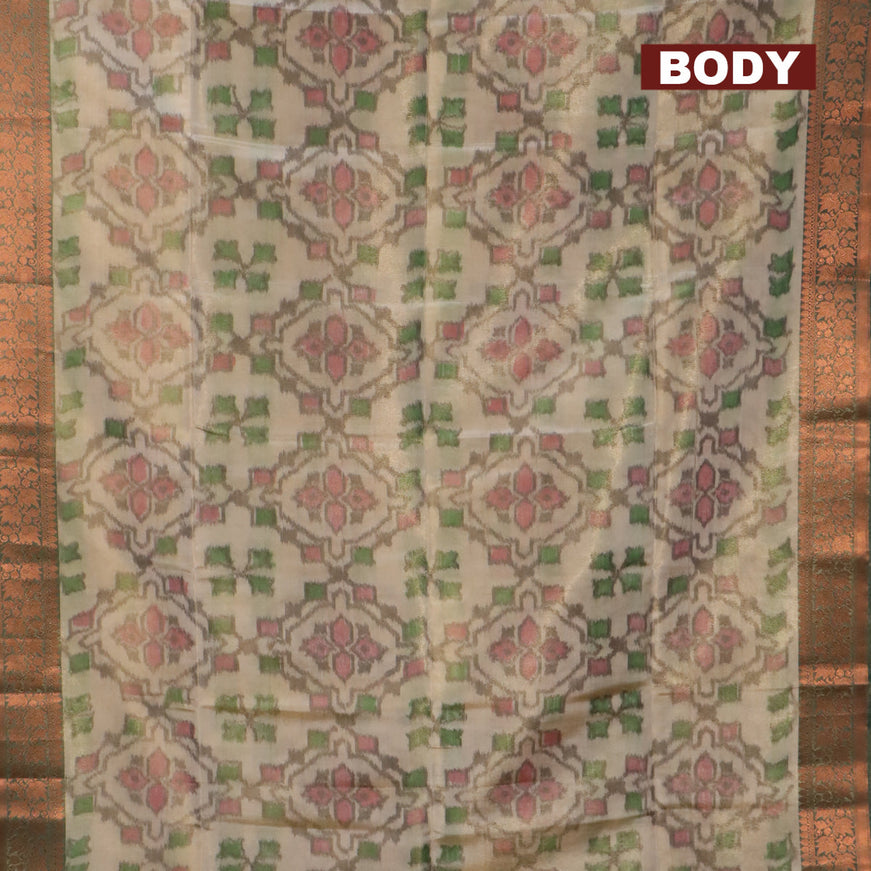 Banarasi semi tussar saree beige and green with allover ikat weaves and copper zari woven border