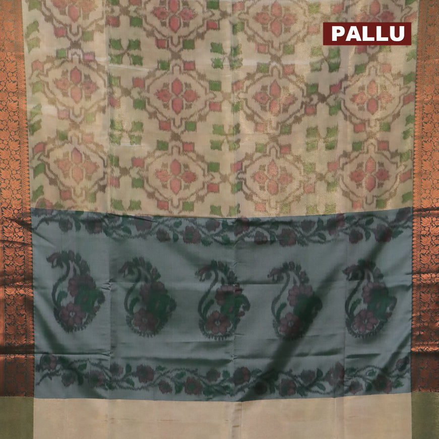 Banarasi semi tussar saree beige and green with allover ikat weaves and copper zari woven border