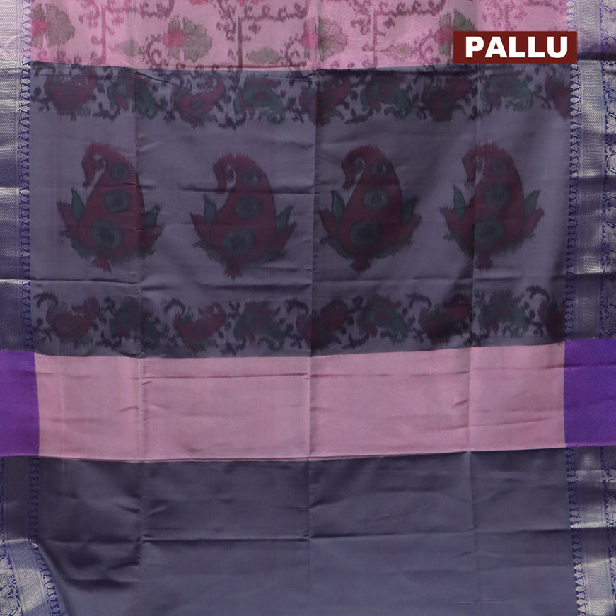 Banarasi semi tussar saree pastel pink and blue with allover ikat weaves and silver zari woven border