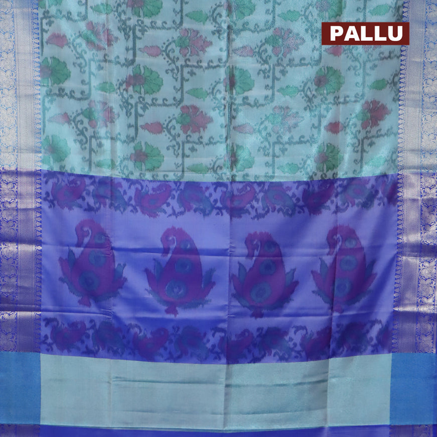 Banarasi semi tussar saree light blue and blue with allover ikat weaves and silver zari woven border