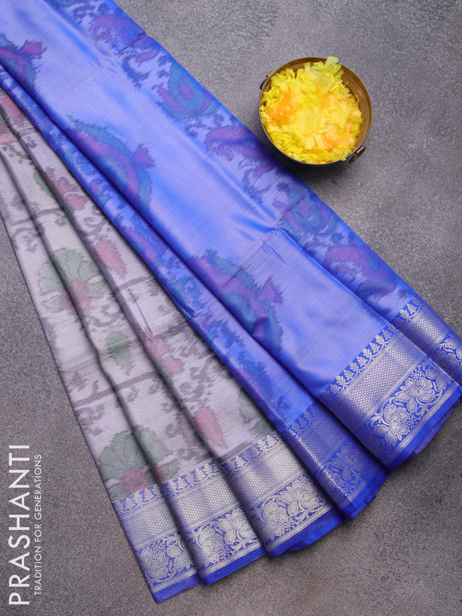 Banarasi semi tussar saree pastel grey and blue with allover ikat weaves and silver zari woven border