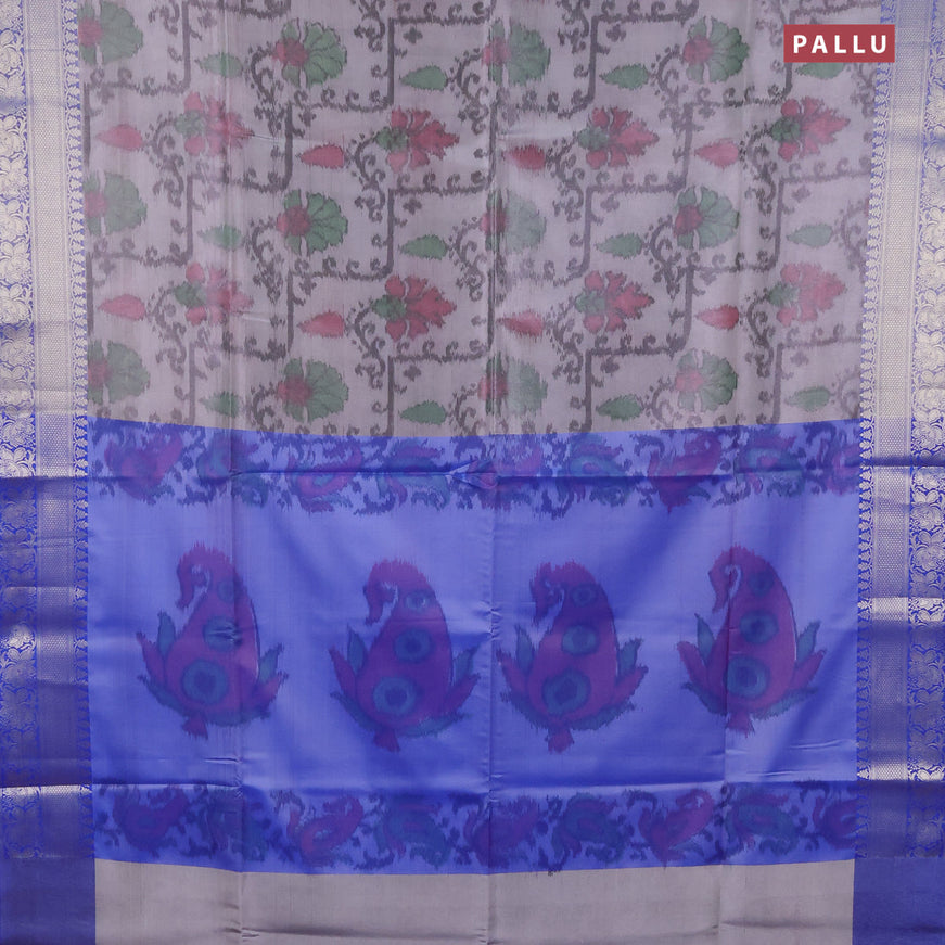 Banarasi semi tussar saree pastel grey and blue with allover ikat weaves and silver zari woven border
