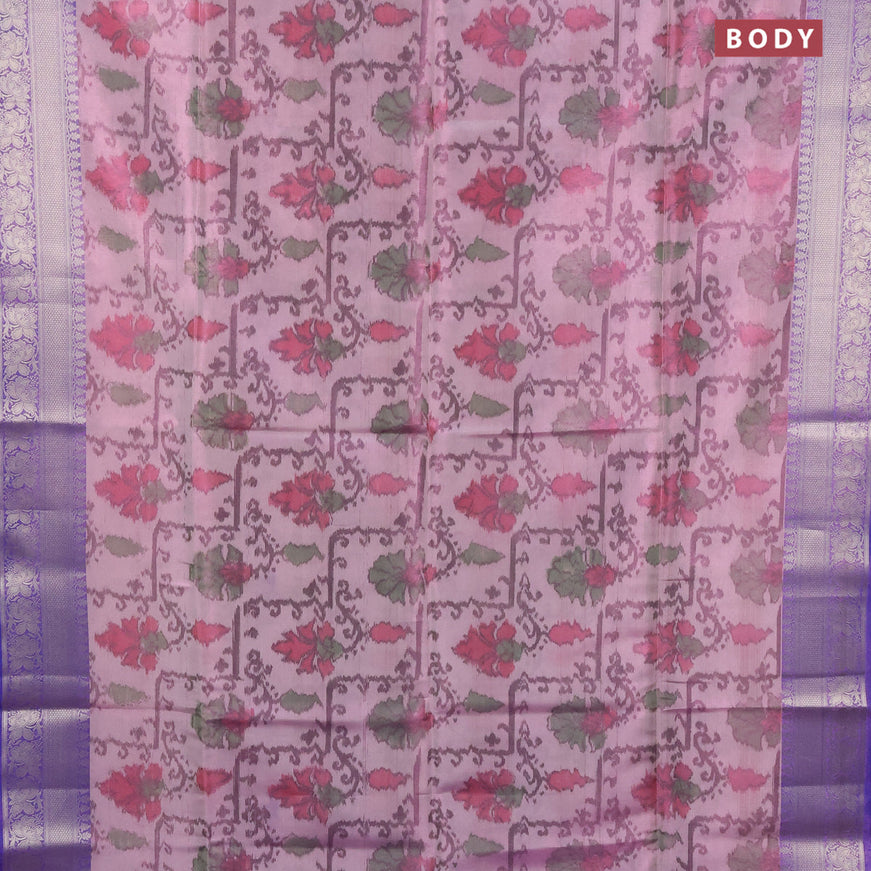 Banarasi semi tussar saree pastel pink and blue with allover ikat weaves and silver zari woven border
