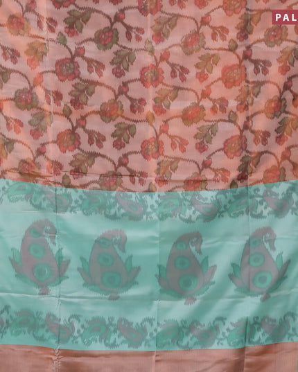 Banarasi semi tussar saree peach shade and teal green with allover ikat weaves and copper zari woven border