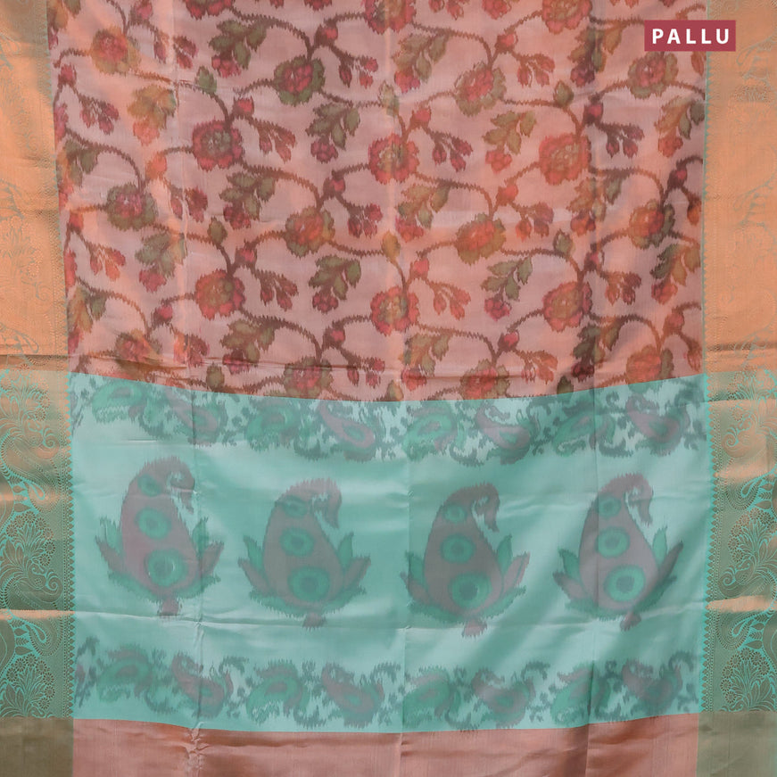Banarasi semi tussar saree peach shade and teal green with allover ikat weaves and copper zari woven border