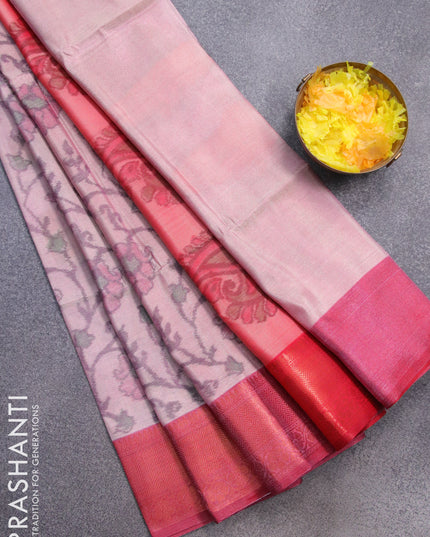 Banarasi semi tussar saree pastel pink and maroon with allover ikat weaves and copper zari woven border