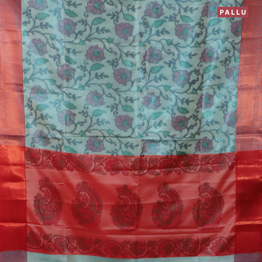 Banarasi semi tussar saree light blue and maroon with allover ikat weaves and copper zari woven border