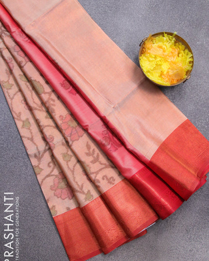 Banarasi semi tussar saree sandal and red with allover ikat weaves and copper zari woven border