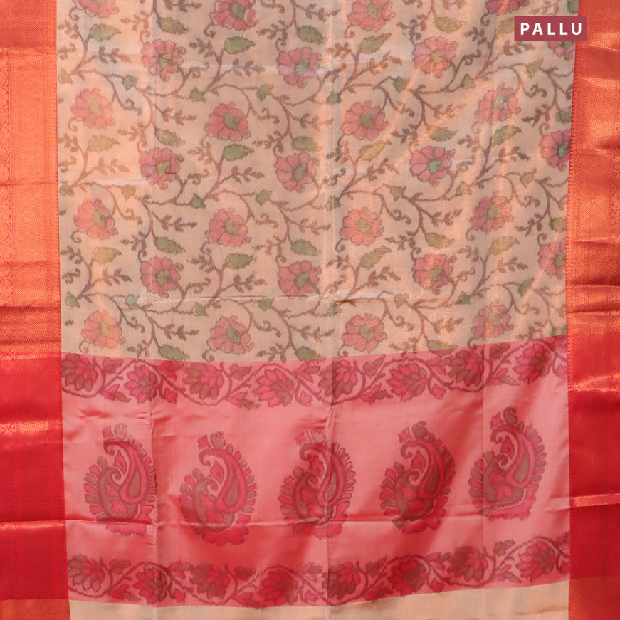 Banarasi semi tussar saree sandal and red with allover ikat weaves and copper zari woven border