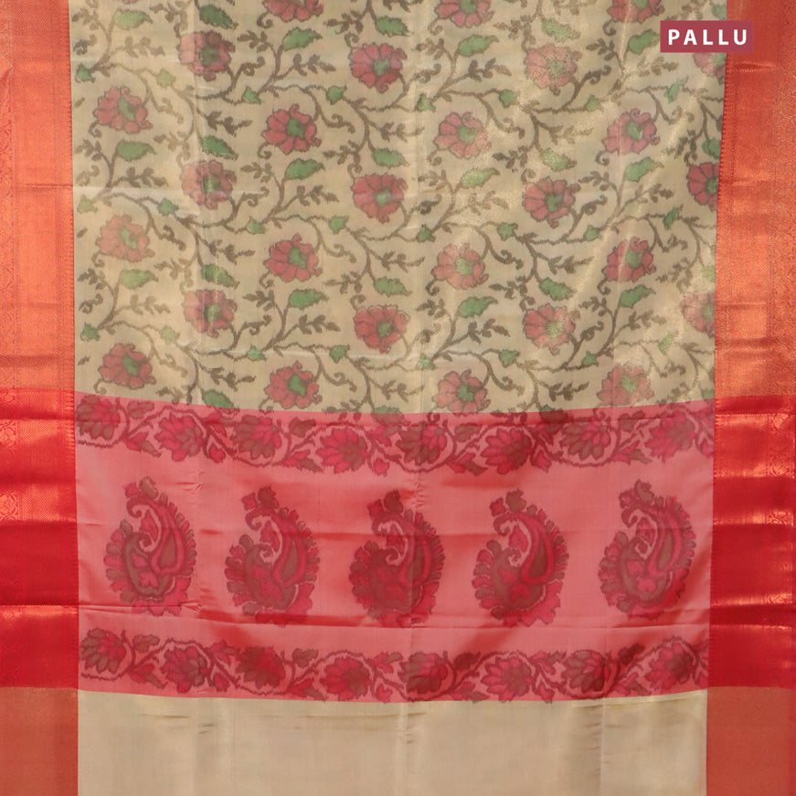 Banarasi semi tussar saree sandal and maroon with allover ikat weaves and copper zari woven border