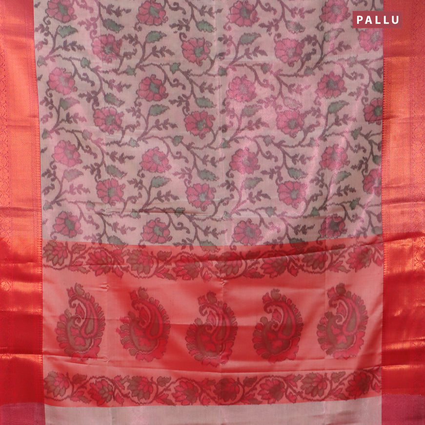 Banarasi semi tussar saree peach shade and maroon with allover ikat weaves and copper zari woven border