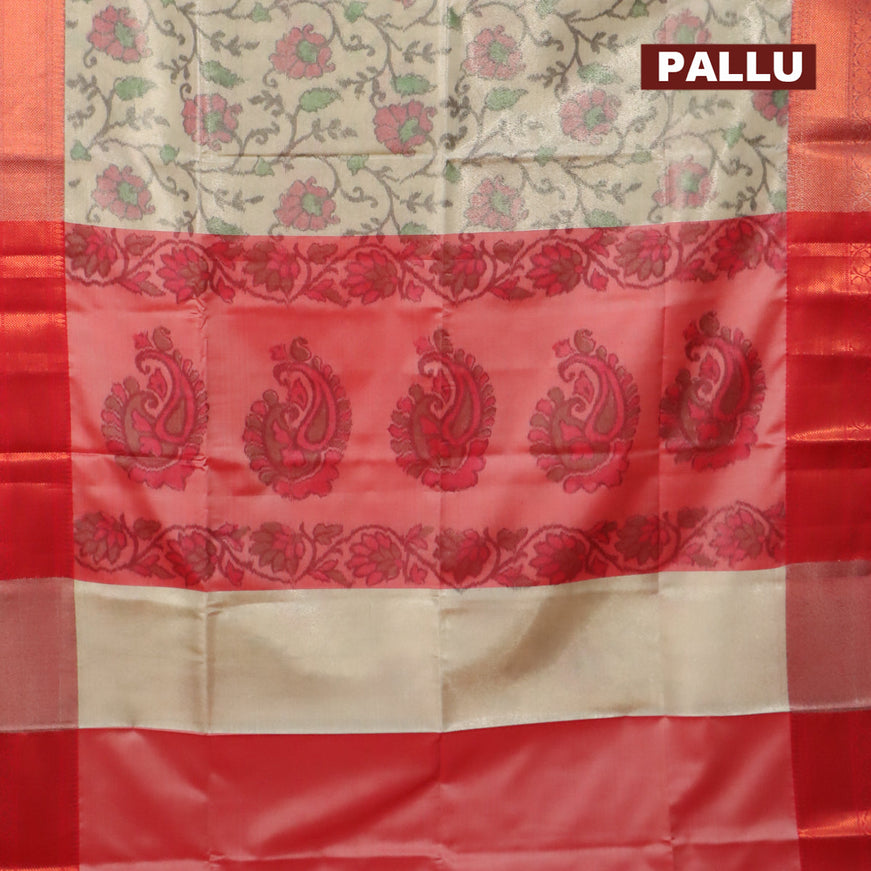 Banarasi semi tussar saree cream and maroon with allover ikat weaves and copper zari woven border