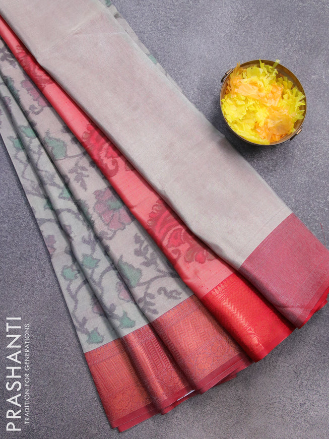 Banarasi semi tussar saree pastel grey and maroon with allover ikat weaves and copper zari woven border
