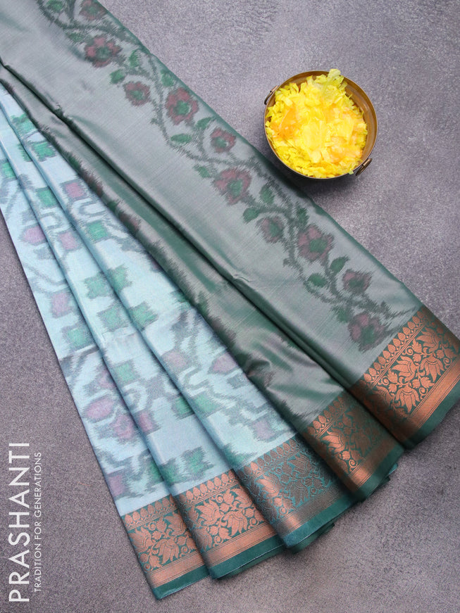 Banarasi semi tussar saree teal blue and dark green with allover ikat weaves and copper zari woven border
