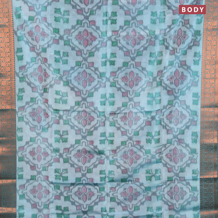 Banarasi semi tussar saree teal blue and dark green with allover ikat weaves and copper zari woven border