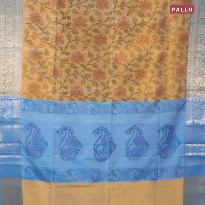 Banarasi semi tussar saree sandal and cs blue with allover ikat weaves and zari woven border