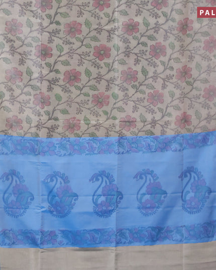 Banarasi semi tussar saree pastel grey and cs blue with allover ikat weaves and zari woven border