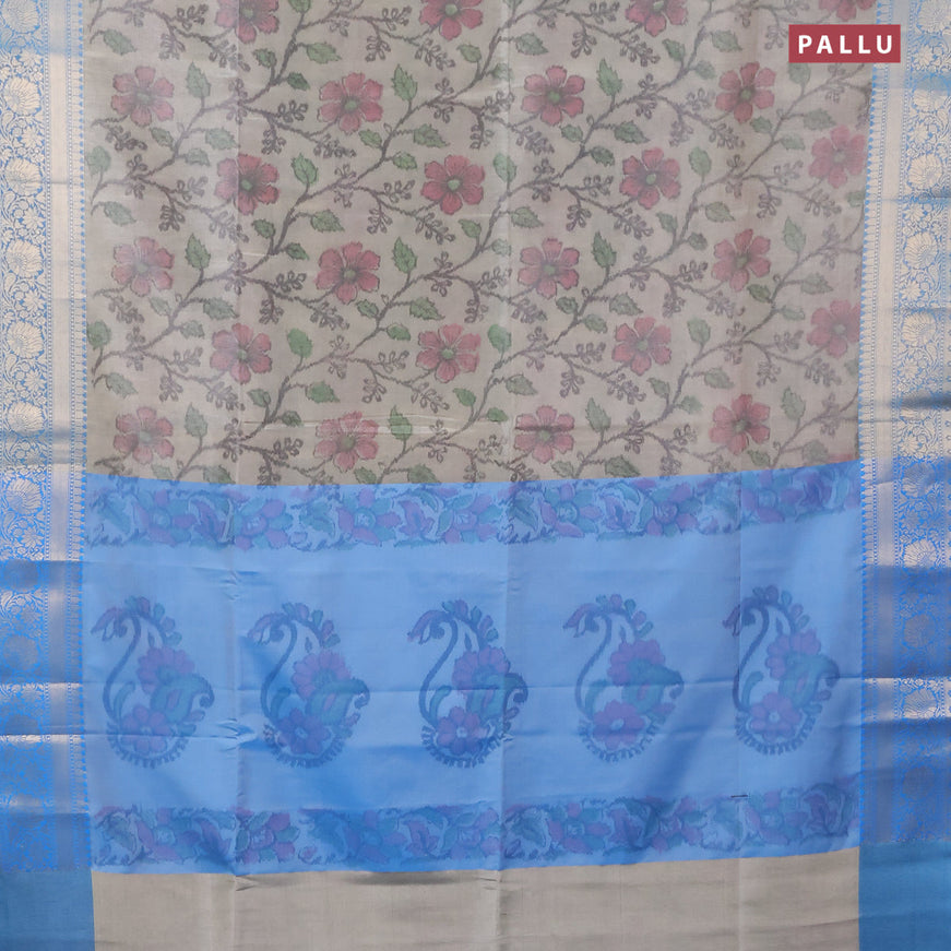 Banarasi semi tussar saree pastel grey and cs blue with allover ikat weaves and zari woven border