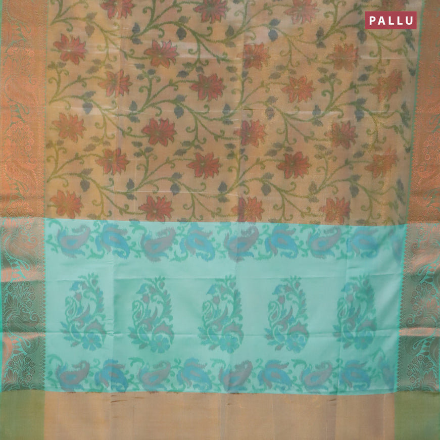 Banarasi semi tussar saree sandal and teal green with allover ikat weaves and copper zari woven border