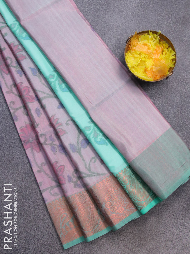 Banarasi semi tussar saree pink shade and teal green with allover ikat weaves and copper zari woven border