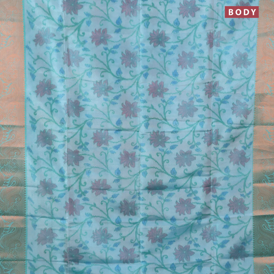 Banarasi semi tussar saree light blue and teal green with allover ikat weaves and copper zari woven border