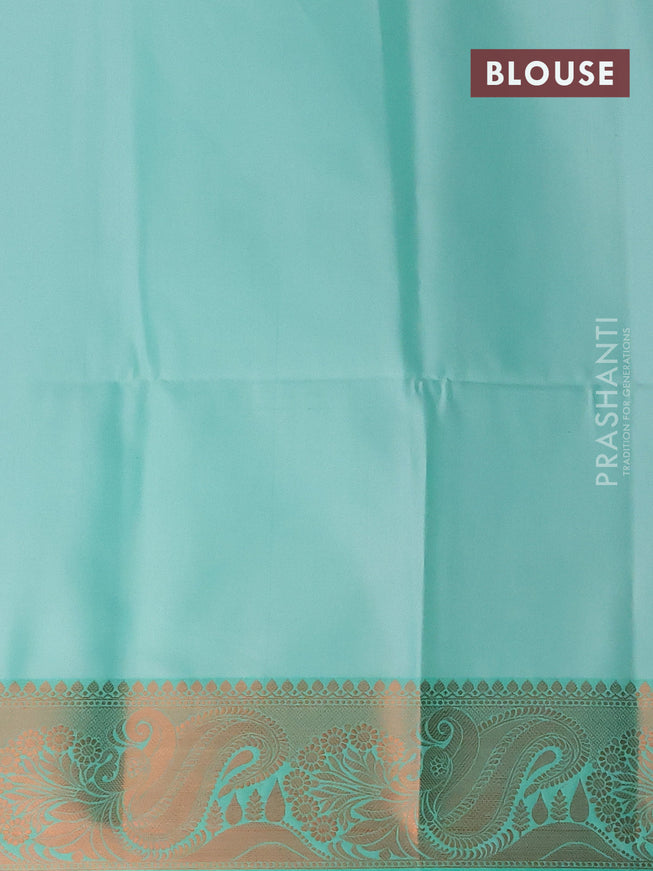 Banarasi semi tussar saree light blue and teal green with allover ikat weaves and copper zari woven border