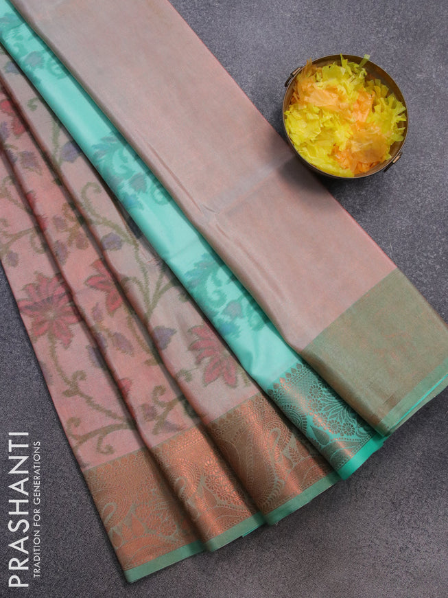 Banarasi semi tussar saree peach shade and green with allover ikat weaves and copper zari woven border