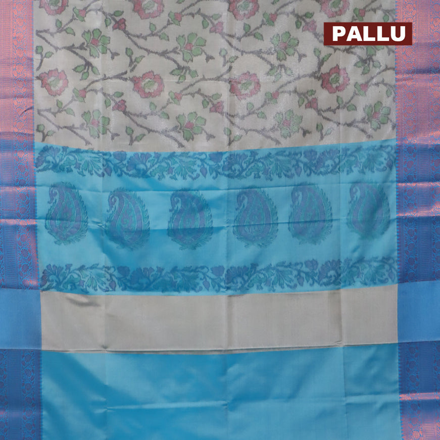 Banarasi semi tussar saree grey shade and cs blue with allover ikat weaves and copper zari woven border