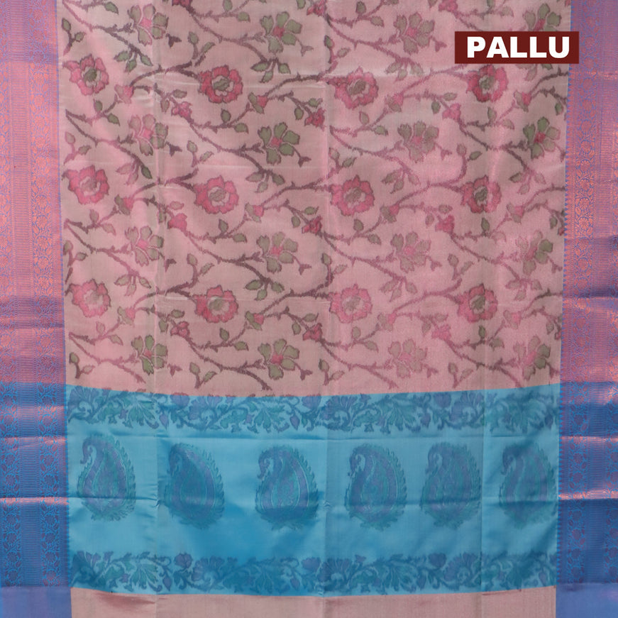Banarasi semi tussar saree dual shade of peach and cs blue with allover ikat weaves and copper zari woven border
