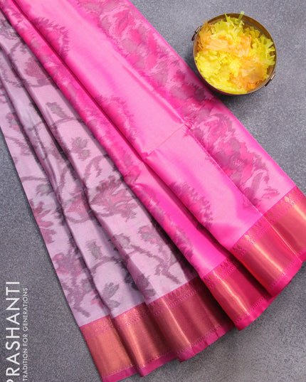 Banarasi semi tussar saree pastel pink and pink with allover ikat weaves and copper zari woven border