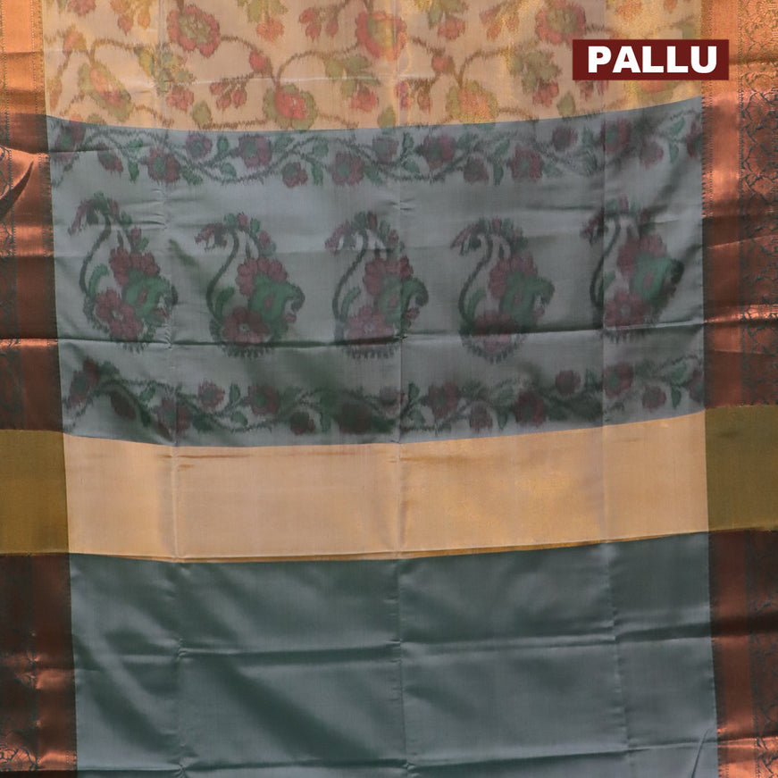 Banarasi semi tussar saree cream and dark green with allover ikat weaves and copper zari woven border