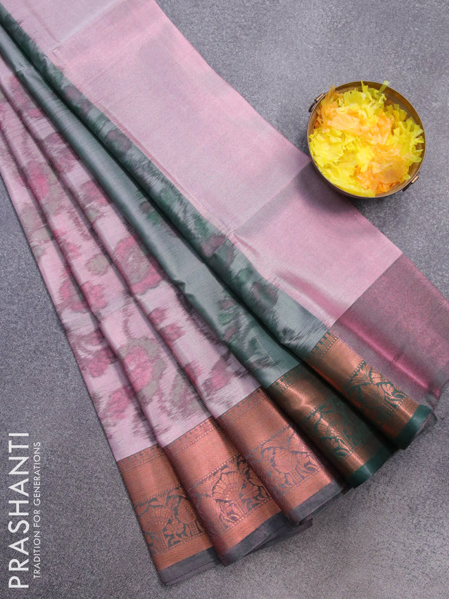 Banarasi semi tussar saree dual shade of pastel pink and dark green with allover ikat weaves and copper zari woven border