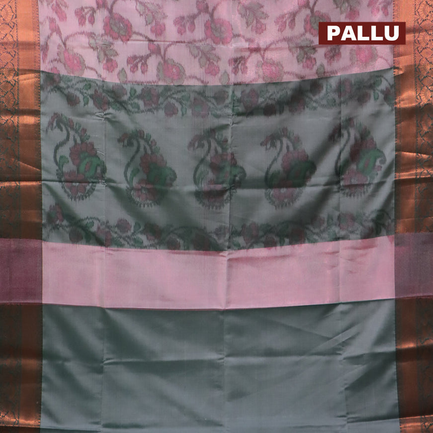 Banarasi semi tussar saree dual shade of pastel pink and dark green with allover ikat weaves and copper zari woven border