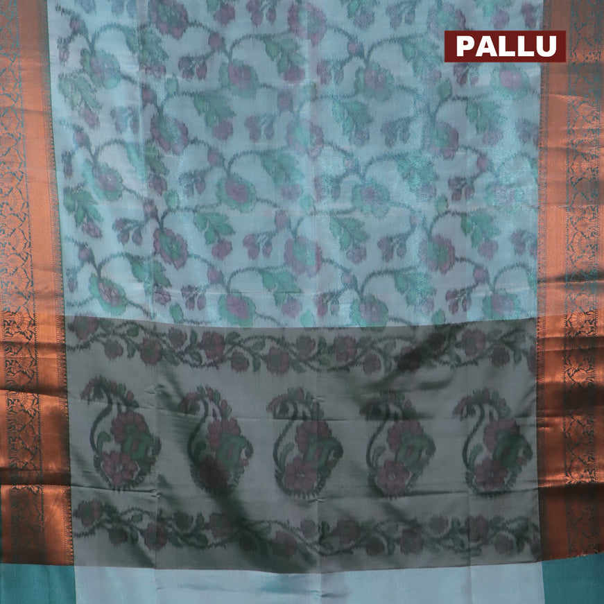 Banarasi semi tussar saree pastel blue and peacock green with allover ikat weaves and copper zari woven border