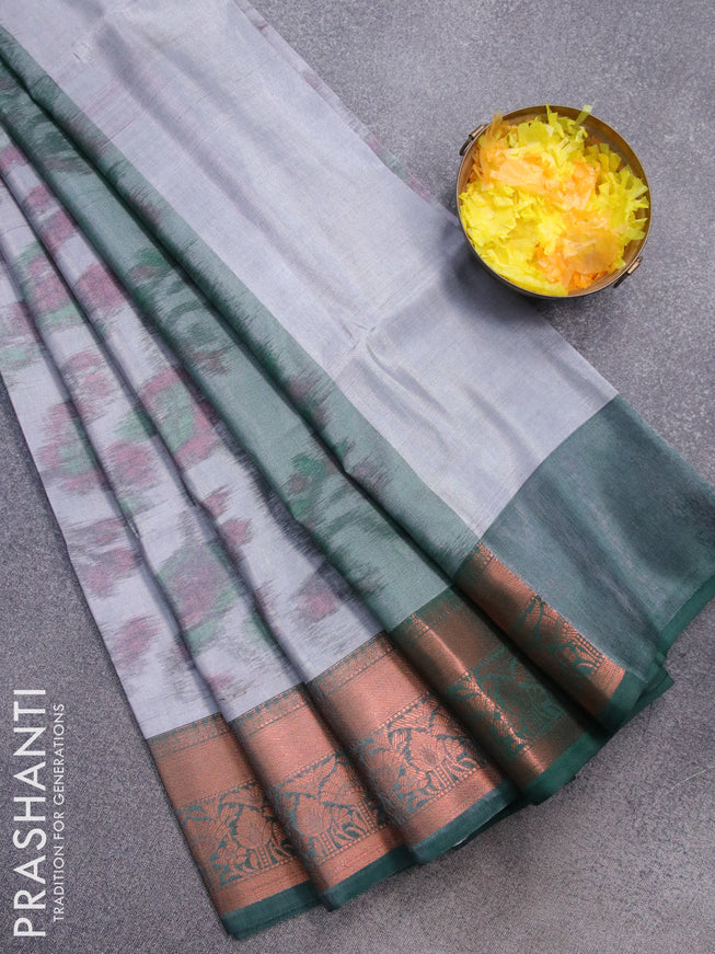 Banarasi semi tussar saree grey and green with allover ikat weaves and copper zari woven border