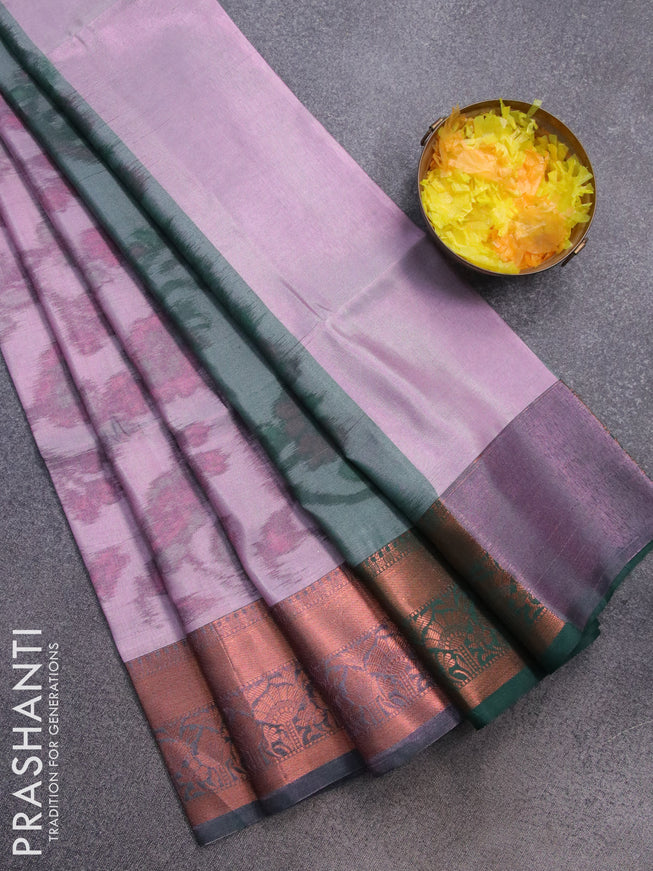 Banarasi semi tussar saree mild purple and green with allover ikat weaves and copper zari woven border