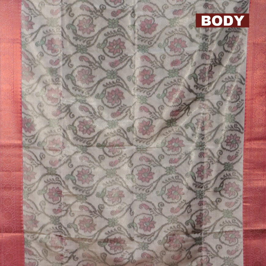 Banarasi semi tussar saree grey and pink with allover ikat weaves and copper zari woven border