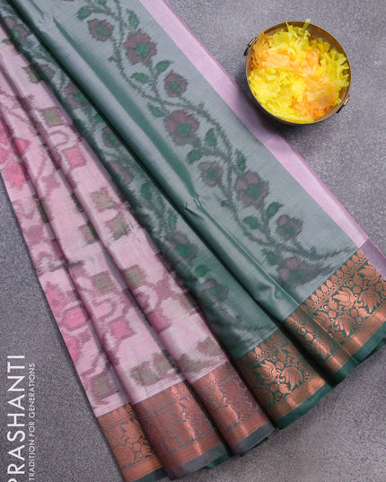 Banarasi semi tussar saree dual shade of grey and dark green with allover ikat weaves and copper zari woven border