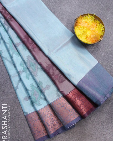Banarasi semi tussar saree light blue and dual shade of wine with allover ikat weaves and copper zari woven border