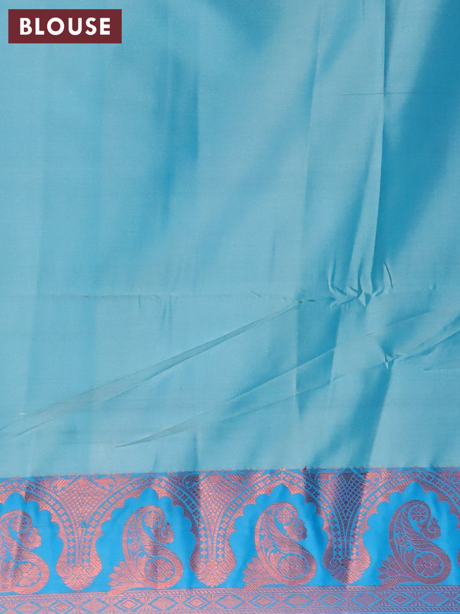 Banarasi semi tussar saree cream and cs blue with allover ikat weaves and copper zari woven border