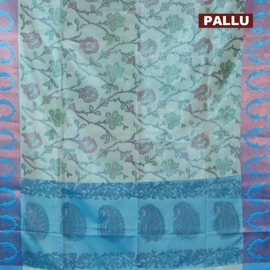 Banarasi semi tussar saree teal blue shade and cs blue with allover ikat weaves and copper zari woven border