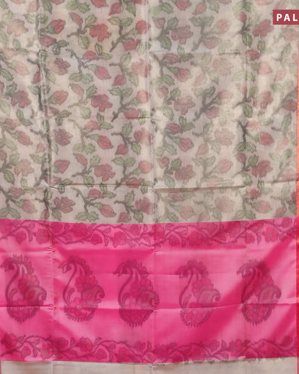 Banarasi semi tussar saree cream and pink with allover ikat weaves and copper zari woven border