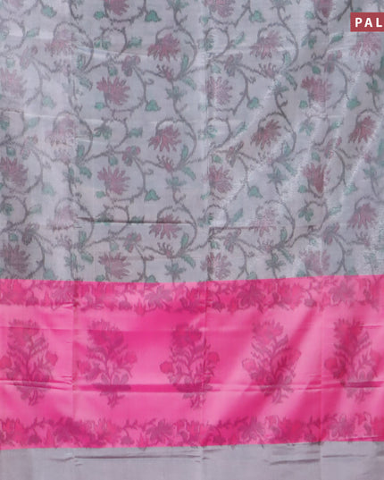 Banarasi semi tussar saree grey and magenta pink with allover ikat weaves and copper zari woven border