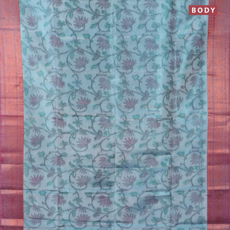 Banarasi semi tussar saree pastel blue and magenta pink with allover ikat weaves and copper zari woven border