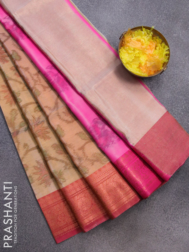 Banarasi semi tussar saree sandal and pink with allover ikat weaves and copper zari woven border