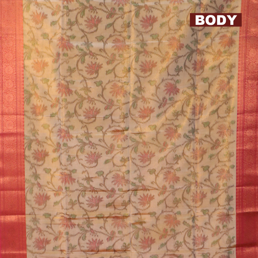 Banarasi semi tussar saree sandal and pink with allover ikat weaves and copper zari woven border