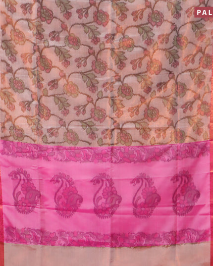 Banarasi semi tussar saree peach pink and pink with allover ikat weaves and copper zari woven border
